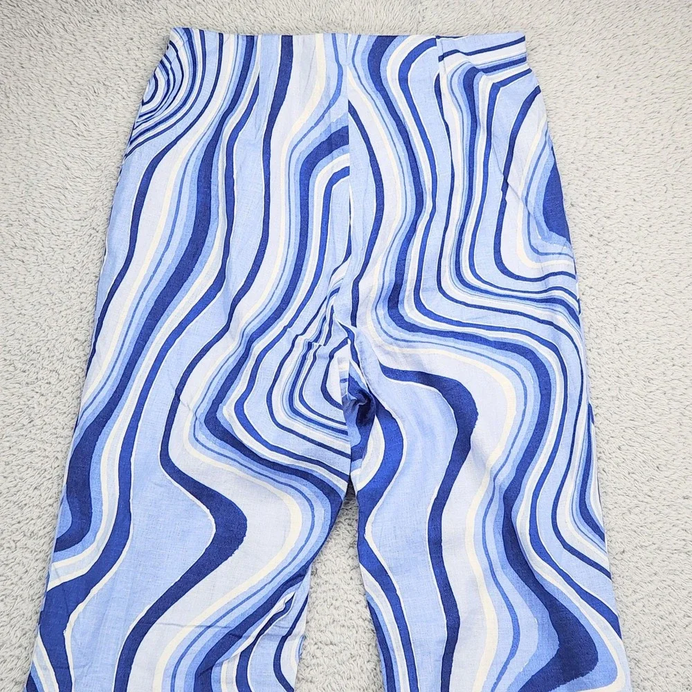 ZARA Womens Linen Blend Pants Sz S Split Hem Blue White Swirl Print Retro Wide